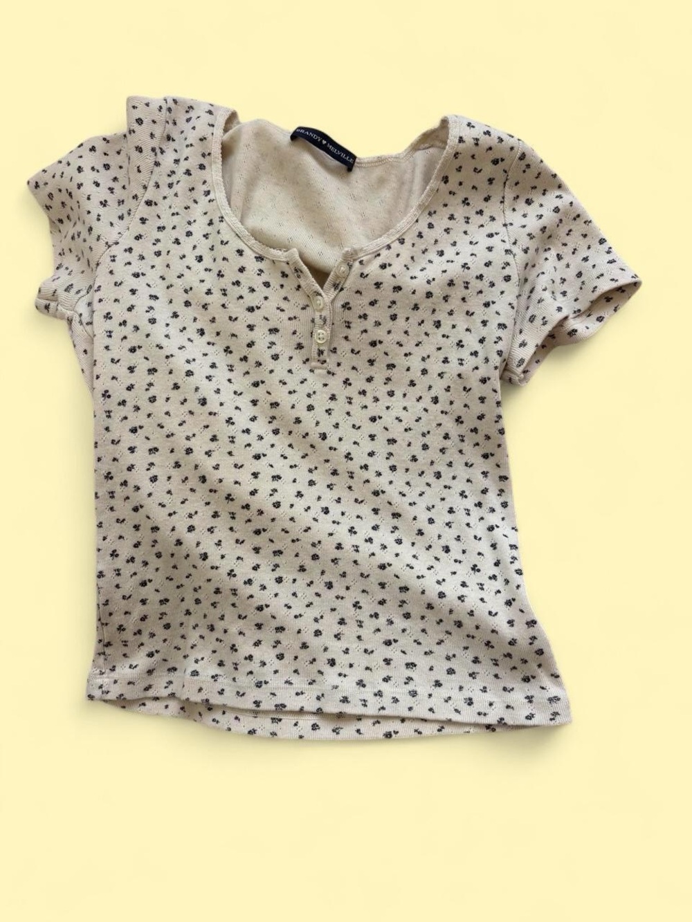 Brandy Melville Cream Short Sleeve Henley with Black Floral Print